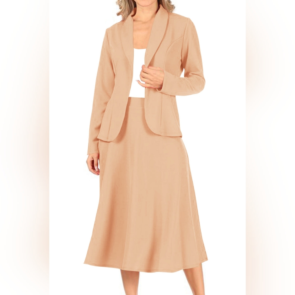 MOA Collection Women's 2pc NWOT Khaki Lightweight Blazer & A-Line Midi Skirt